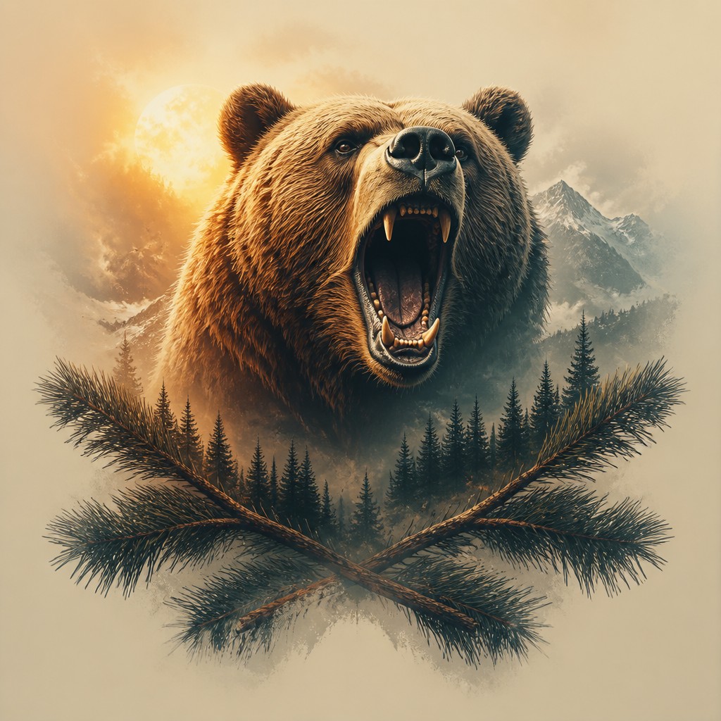 a roaring bear head above crossed pine branches, bold graphic composition on a plain background, no text