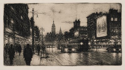 bustling city street panorama at dusk