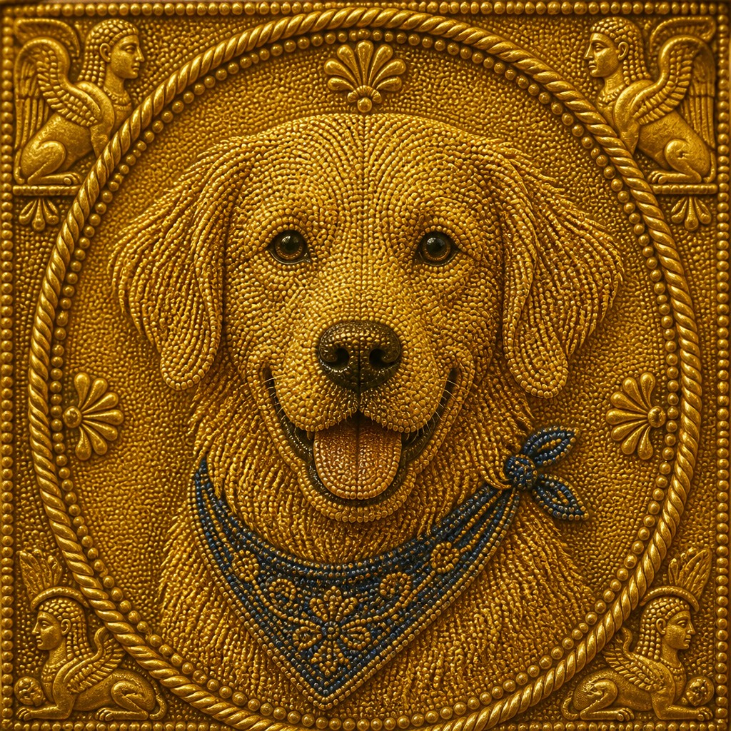 portrait of a golden retriever wearing a blue bandana, warm plain backdrop, no text