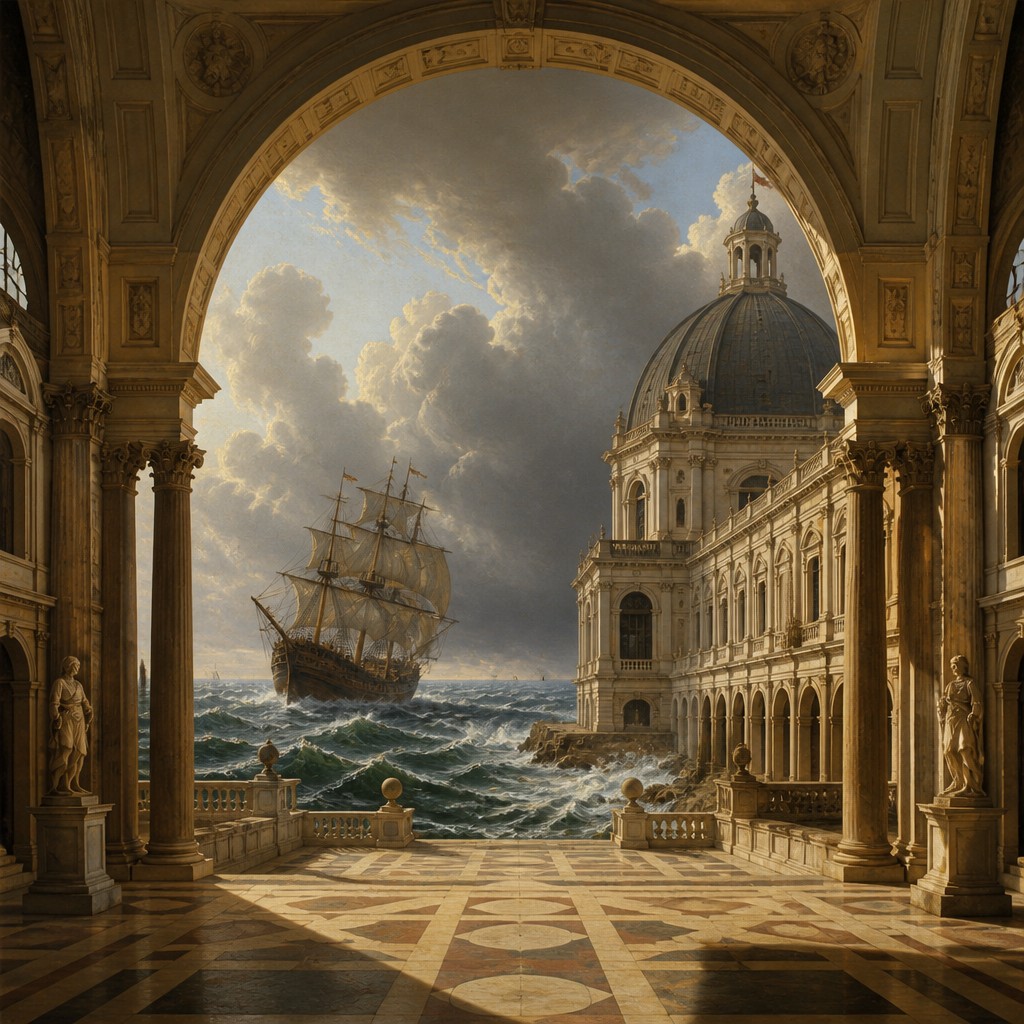 sailing ship on a stormy sea — Renaissance Architecture