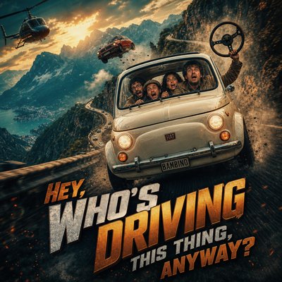 This is a crazy scene.  A tiny car, something like a Fiat Bambino careens down a mountain road with 4 people inside.  1 of them, the driver, is holding up the steering wheel, which is detached from its column.  The people are comically frightened.  The caption is "Hey, Who's Driving This Thing, Anyway?"