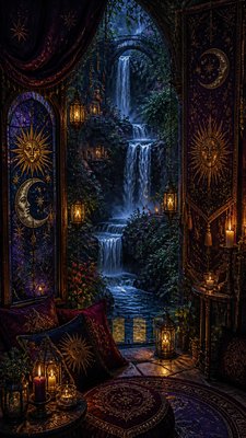 a cascading waterfall in a lush green gorge, no people