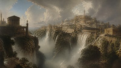 a cliffside city with waterfalls cascading into a misty canyon, wide establishing shot, no people, no text