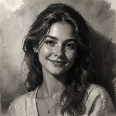head-and-shoulders portrait of an original character: a young woman with wavy chestnut hair and a warm smile, plain soft backdrop