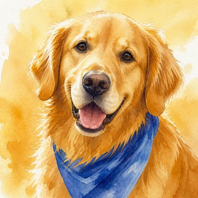 portrait of a golden retriever wearing a blue bandana, warm plain backdrop, no text