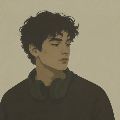 head-and-shoulders portrait of an original character: a young man with curly dark hair and headphones around his neck, plain backdrop, no text