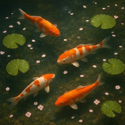 A koi pond seen from above, orange and white koi fish swimming among lily pads, clear water with subtle ripples, fallen cherry blossom petals floating on the surface, dappled sunlight