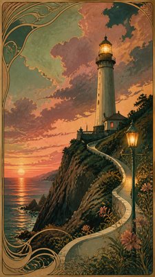 a lone lighthouse on a cliff at dusk under a dramatic sky, no text or lettering
