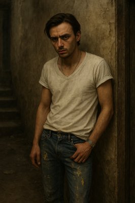 a man in a white shirt leaning against a wall