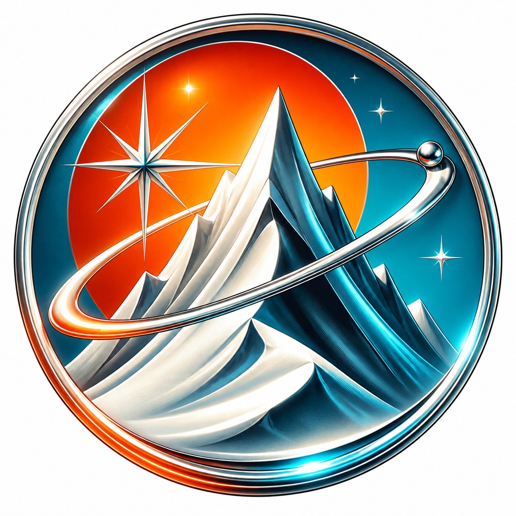 an emblem of a mountain peak inside a circle, simple bold shapes on a plain background, no text or lettering