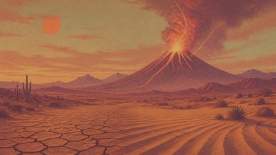 an erupting volcano with lightning strikes, dramatic wide composition, no text