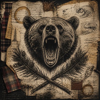 a roaring bear head above crossed pine branches, bold graphic composition on a plain background, no text