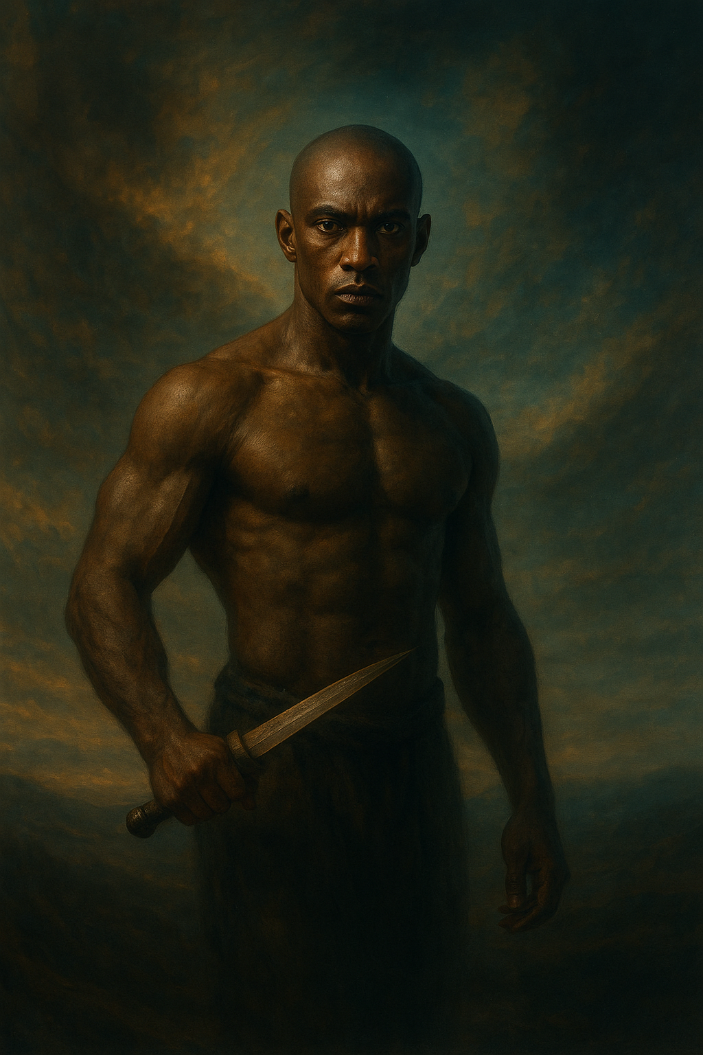 a painting of a man holding a knife