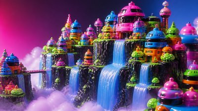 a cliffside city with waterfalls cascading into a misty canyon, wide establishing shot, no people, no text