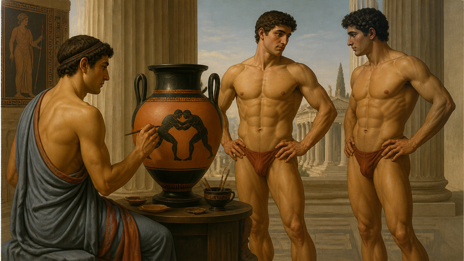 ancient greek vase painter and two wrestlers posing for him
