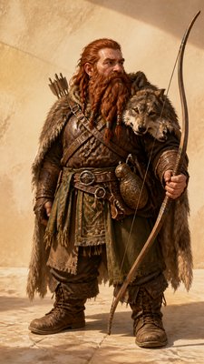 full-body original character: a dwarven ranger with a braided auburn beard, worn leather armor, a longbow and a wolf-pelt cloak, neutral background, no text