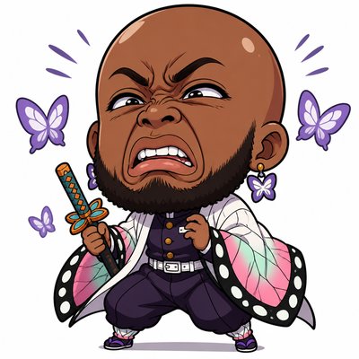 Shinobu kocho with no hair and a beard with ishowspeeds face cringed face

