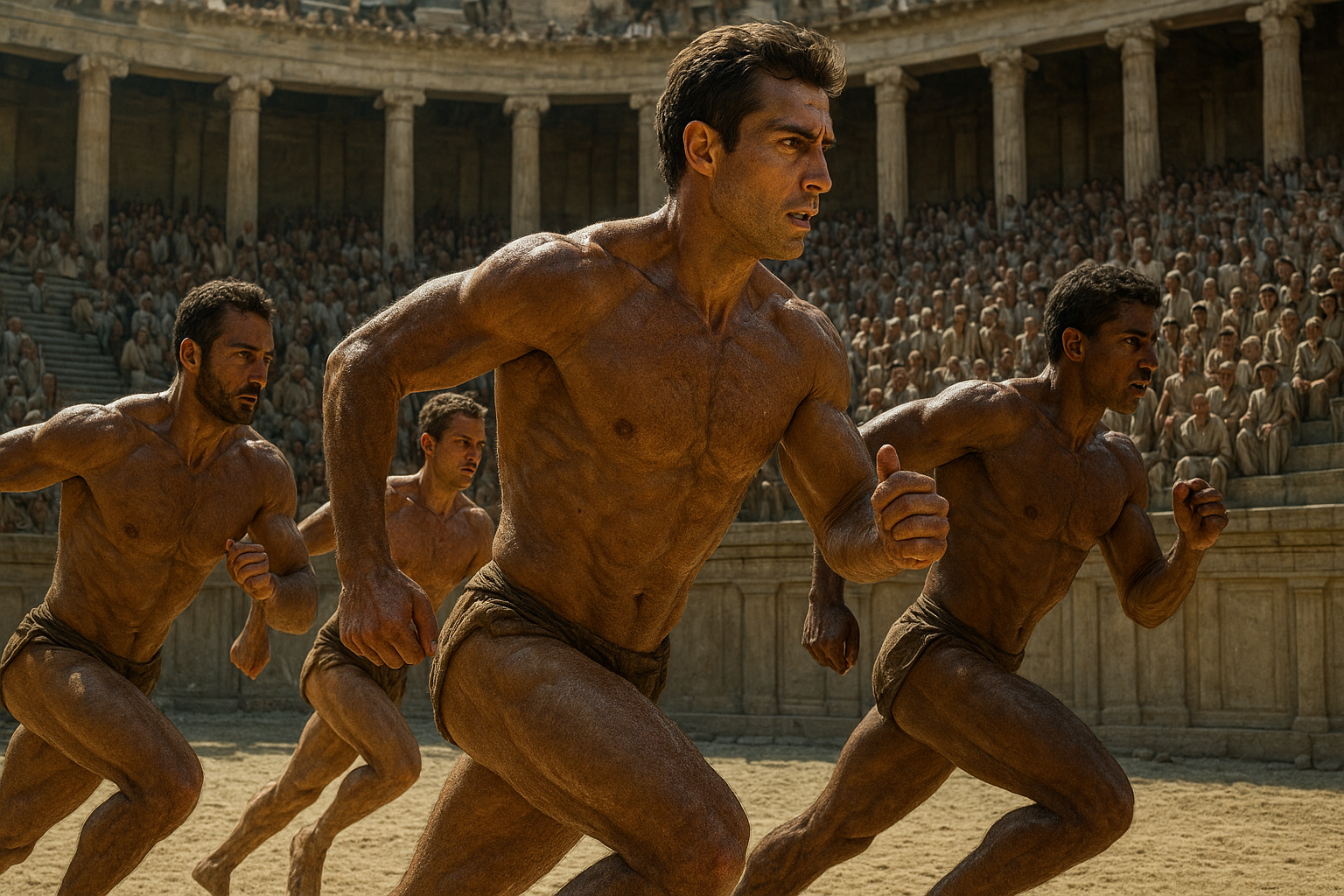 a group of men running in front of a crowd of people