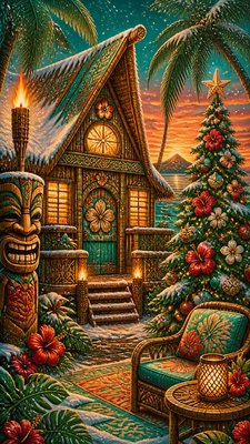 a snow-covered cottage with warm glowing windows beside a decorated pine tree, gentle snowfall, no text