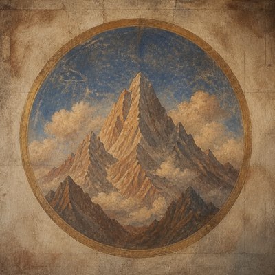 an emblem of a mountain peak inside a circle, simple bold shapes on a plain background, no text or lettering