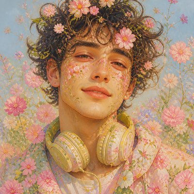 head-and-shoulders portrait of an original character: a young man with curly dark hair and headphones around his neck, plain backdrop, no text