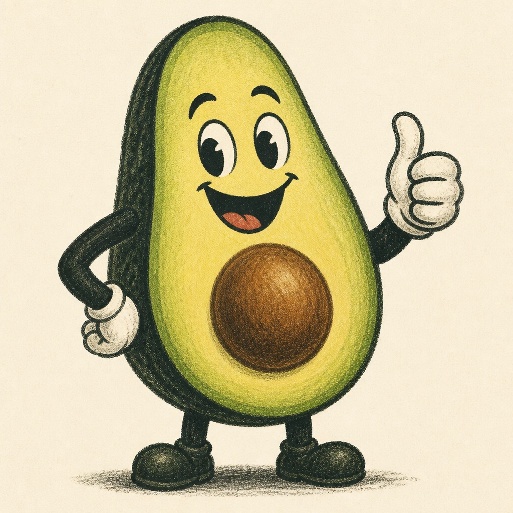 a happy avocado character giving a thumbs up, bold readable design on a plain background, no text