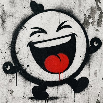 an exaggerated laughing face of an original round mascot character, bold and readable at small size, plain background, no text