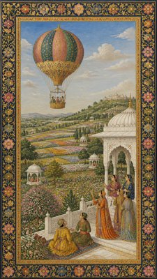 a hot air balloon drifting over rolling flower fields on a sunny day, cheerful, no text