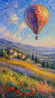 a hot air balloon drifting over rolling flower fields on a sunny day, cheerful, no text