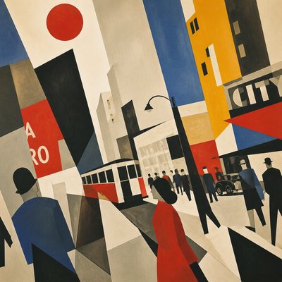 urban street with city activity — Modernist Art Style