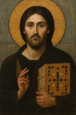 a painting of jesus holding a book