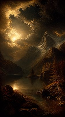 a tranquil mountain lake beneath a starry night sky, no people, no text