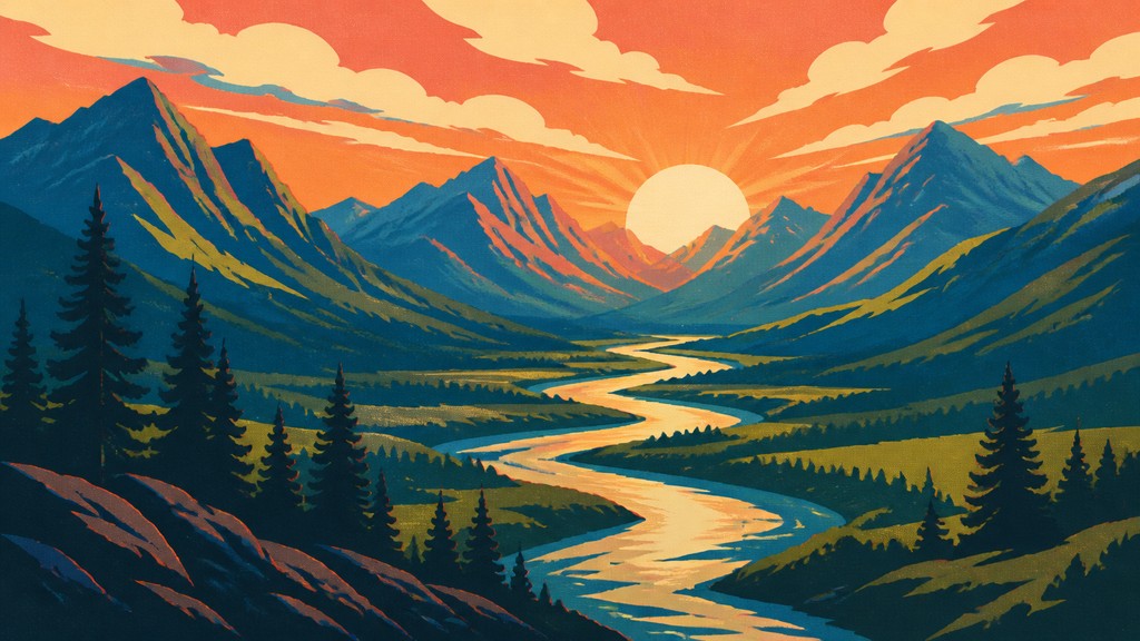 a vast valley with a river winding toward distant mountains at sunrise, no people, no text