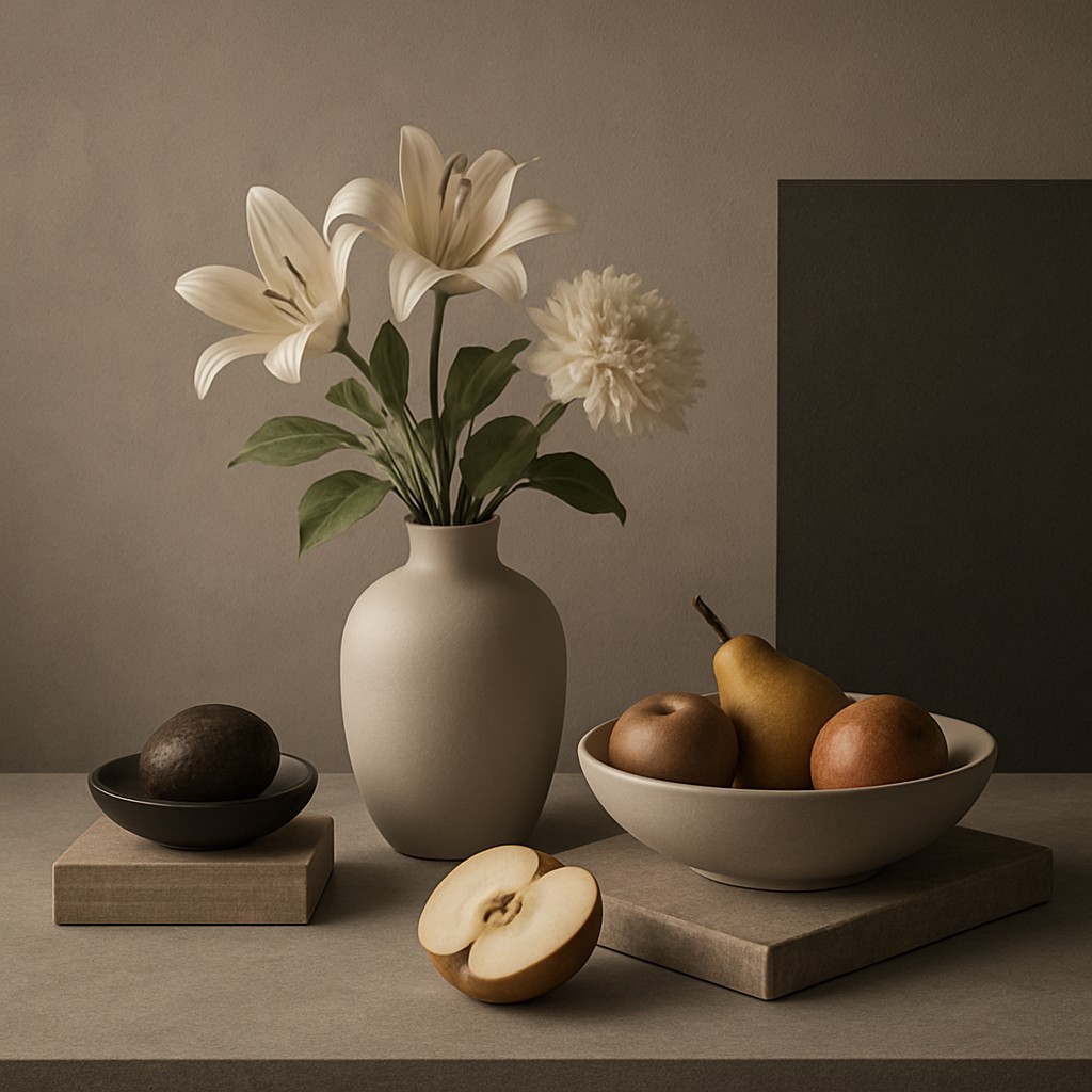 still life arrangement of fruits and flowers