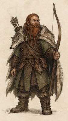 full-body original character: a dwarven ranger with a braided auburn beard, worn leather armor, a longbow and a wolf-pelt cloak, neutral background, no text