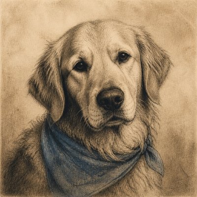 portrait of a golden retriever wearing a blue bandana, warm plain backdrop, no text
