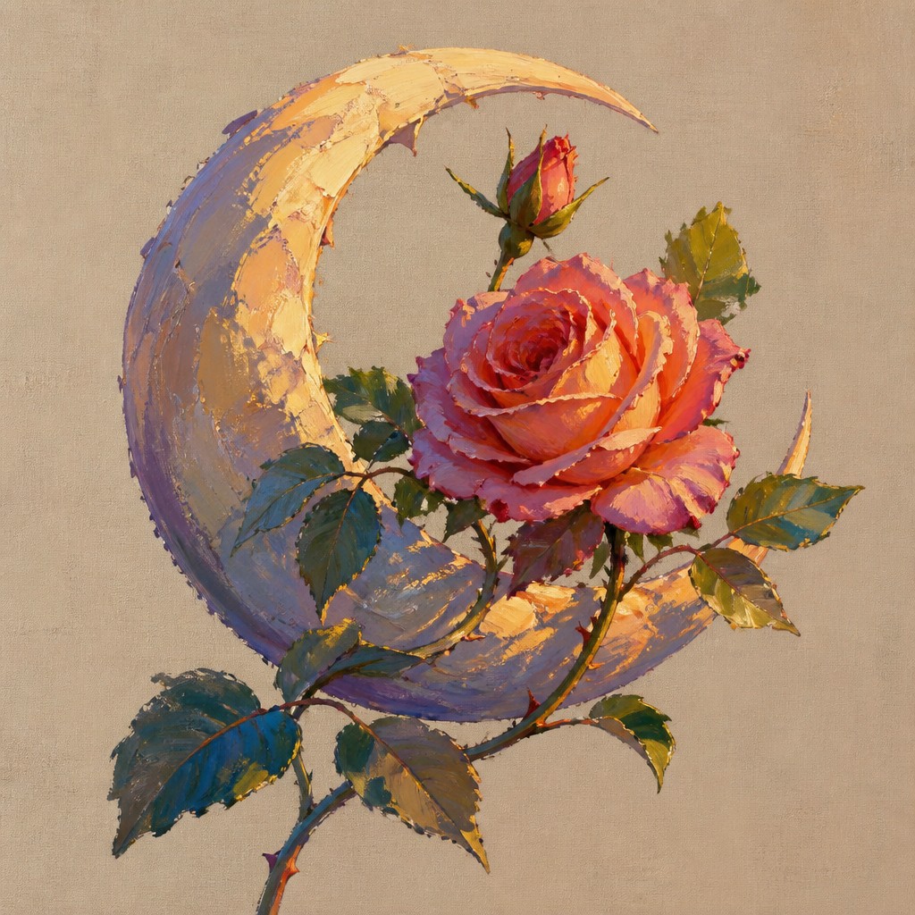 a rose entwined with a crescent moon, clean balanced composition on a plain background, no text