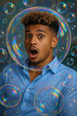 a man with a surprised look on his face is surrounded by soap bubbles