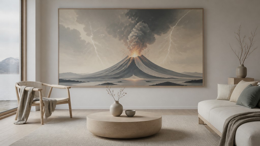 an erupting volcano with lightning strikes, dramatic wide composition, no text