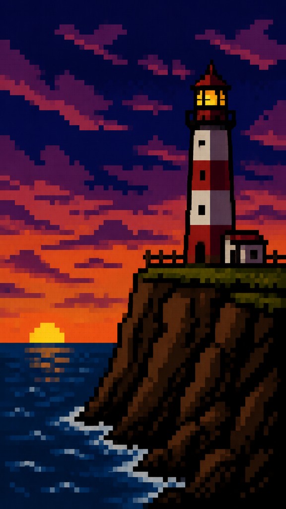a lone lighthouse on a cliff at dusk under a dramatic sky, no text or lettering