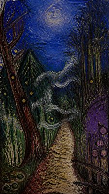 a mysterious forest path with fireflies and drifting mist, atmospheric vertical composition with open space at the top, no text