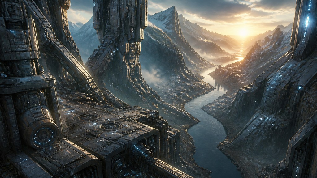 a vast valley with a river winding toward distant mountains at sunrise, no people, no text