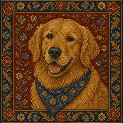 portrait of a golden retriever wearing a blue bandana, warm plain backdrop, no text