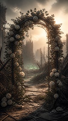 an arch of white roses and eucalyptus in soft morning light, elegant vertical composition with open space, no text