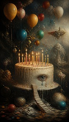 a birthday cake with lit candles surrounded by balloons and confetti, festive vertical composition, no text