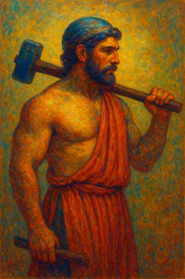 a painting of a man with a hammer in his hand