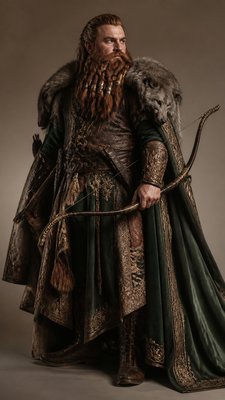 full-body original character: a dwarven ranger with a braided auburn beard, worn leather armor, a longbow and a wolf-pelt cloak, neutral background, no text