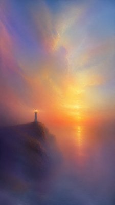 a lone lighthouse on a cliff at dusk under a dramatic sky, no text or lettering