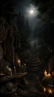 a mysterious forest path with fireflies and drifting mist, atmospheric vertical composition with open space at the top, no text