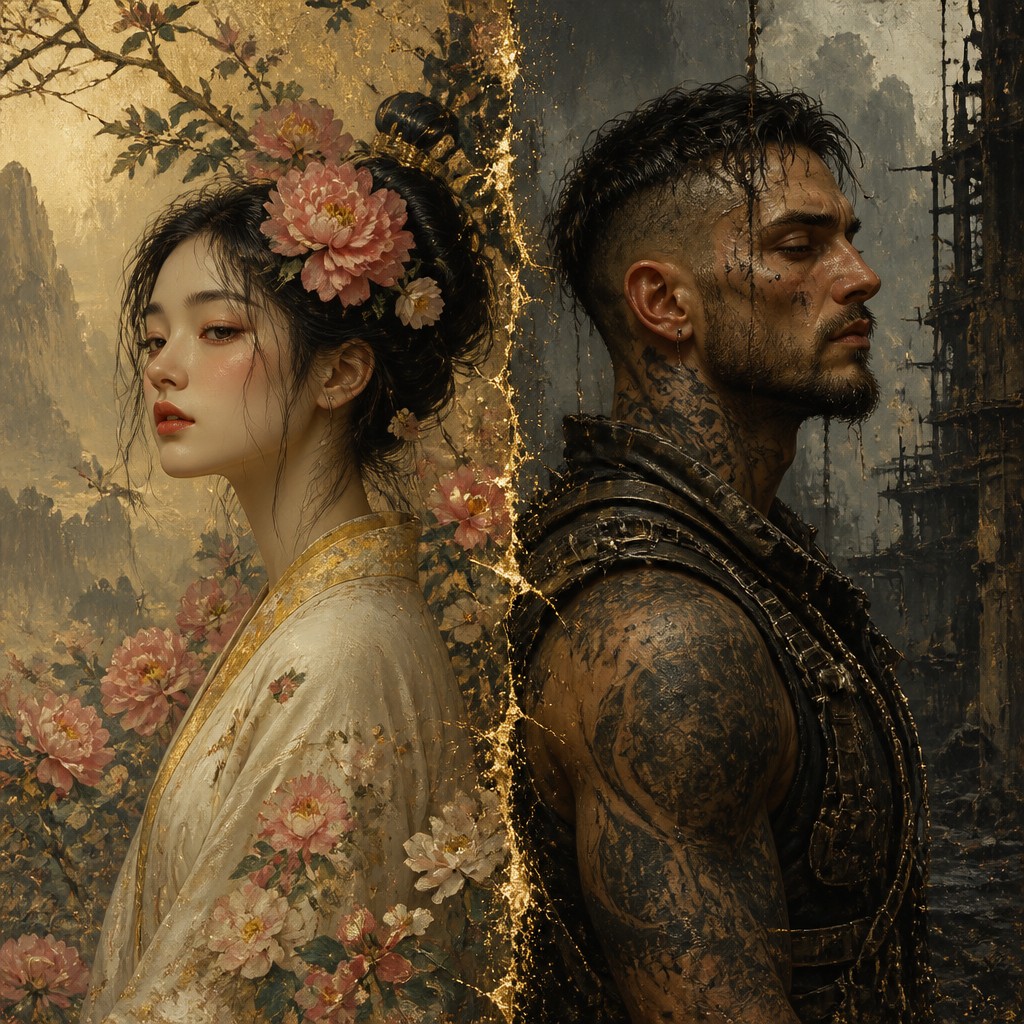 portrait of two people together — Bold Juxtaposition Art Style